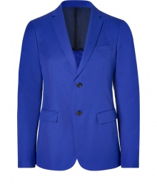 Exquisitely tailored with a flawless slim fit, Jil Sanders rich blue cotton blazer guarantees to give your look a seamlessly sophisticated edge - Notched lapel, long sleeves, buttoned cuffs, double-buttoned front, flap pockets, back vent - Contemporary slim fit - Wear with an immaculately cut shirt and matching slim fit trousers