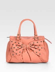 Sumptuous calfskin in a roomy carryall shaped by an oversized studded bow.Double top handles, 6½ dropTop zip closureProtective metal feetOne inside zip pocketCotton lining11W X 8½H X 4¾DMade in Italy Sumptuous calfskin in a roomy carryall shaped by an oversized studded bow.Double top handles, 6½ dropTop zip closureProtective metal feetOne inside zip pocketCotton lining11W X 8½H X 4¾DMade in Italy