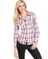 Perfectly paired with dark-wash denim, this GUESS plaid blouse features metallic details for a hint of eye-catching shine!