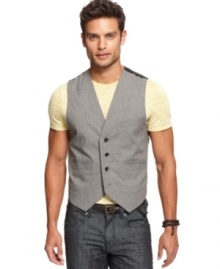 Some vests look like they were just made to be worn with jeans. This one really was. Three-pocket plaid vest with button front from Marc Ecko Cut & Sew. Some vests look like they were just made to be worn with jeans. This one really was. Three-pocket plaid vest with button front from Marc Ecko Cut & Sew.