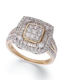 Square off. Style and sparkle combine on this totally-chic Yell'Ora ring. Round and baguette-cut diamonds form a stunning square pattern (1 ct. t.w.). Base metal made from a combination of pure gold, sterling silver and palladium. Square off. Style and sparkle combine on this totally-chic Yell'Ora ring. Round and baguette-cut diamonds form a stunning square pattern (1 ct. t.w.). Base metal made from a combination of pure gold, sterling silver and palladium.