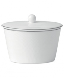 A brighter white. Royal Doulton's Finsbury sugar bowl embodies chic minimalism, swept with a pretty white-on-white pattern and bands of pewter gray. Versatile bone china proves a smart choice for every day as well as entertaining.