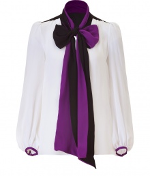 With a 1970s-inspired silhouette and a dramatic tie-neck with a color pop, this Emilio Pucci blouse seamlessly combines playful style with sophistication - Tie-neck detailed collar, long puff sleeves with contrasting cuffs, concealed front button placket, contrasting back yoke with gathering detail, relaxed silhouette - Style with high-waisted jeans, sky-high platform pumps, and a chain-detailed shoulder bag