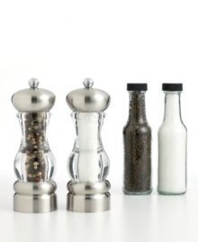 A beautiful addition to any table and an essential part of every meal, these elegantly contoured mills help you season to taste. Acrylic bodies let you see the fresh peppercorns and salt crystals, while stainless bases and grinding knobs create a wonderful tabletop display. Limited lifetime warranty. A beautiful addition to any table and an essential part of every meal, these elegantly contoured mills help you season to taste. Acrylic bodies let you see the fresh peppercorns and salt crystals, while stainless bases and grinding knobs create a wonderful tabletop display. Limited lifetime warranty.