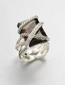 A beautiful emerald-cut smokey quartz stone wrapped in sterling silver cables and diamonds. Smokey quartzDiamonds, .5 tcwSterling silverWidth, about .78Imported A beautiful emerald-cut smokey quartz stone wrapped in sterling silver cables and diamonds. Smokey quartzDiamonds, .5 tcwSterling silverWidth, about .78Imported