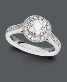 For the always-unique bride-to-be. This beautiful engagement ring features a vintage flair that differs from your average ring. Ring features a round-cut center diamond surrounded by a halo of diamonds and a row of diamonds at each shoulder (1-1/4 ct. t.w.). Ring crafted in 14k white gold. For the always-unique bride-to-be. This beautiful engagement ring features a vintage flair that differs from your average ring. Ring features a round-cut center diamond surrounded by a halo of diamonds and a row of diamonds at each shoulder (1-1/4 ct. t.w.). Ring crafted in 14k white gold.
