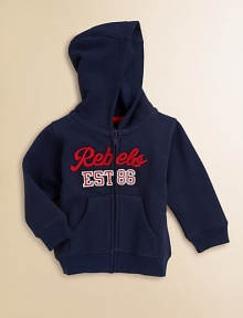 A Fifties look for the littlest rebel in your family, this cozy fleece hoodie will keep him warm on all his escapades.Attached hoodLong sleeves with ribbed cuffsFront appliquésZip closeSplit kangaroo pocketsRibbed bottom 80% cotton/20% polyesterMachine washImported