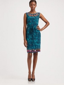 Tie-dyed silk and beaded embroidery lend a touch of boho flair to this fitted sheath.BoatneckSleevelessSelf-beltPrincess seamsCenter back zipperAbout 24 from natural waistSilkDry cleanImported Tie-dyed silk and beaded embroidery lend a touch of boho flair to this fitted sheath.BoatneckSleevelessSelf-beltPrincess seamsCenter back zipperAbout 24 from natural waistSilkDry cleanImported