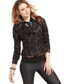 Layer on the cool in XOXO's metallic moto jacket! A dark lace overlay and peplum hem add high-style to this go-to topper.