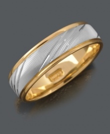 Symbolic and stately. This men's ring features a versatile two tone style in 14k gold and 14k white gold with intricate flash engraving. Sizes 6-13.