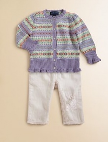 A colorful Fair Isle design and ruffled trim give a festive look to a warm cotton-cashmere cardigan.CrewneckLong sleevesButton front92% cotton/8% cashmereHand washImported Please note: Number of buttons may vary depending on size ordered. A colorful Fair Isle design and ruffled trim give a festive look to a warm cotton-cashmere cardigan.CrewneckLong sleevesButton front92% cotton/8% cashmereHand washImported Please note: Number of buttons may vary depending on size ordered.