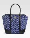 Gorgeous needlepoint jacquard lends a signature touch to this roomy carryall, finished with rich leather trim.Double top handles, 7¾ dropTop snap closureProtective metal feetOne inside zip pocketTwo inside open pocketsFully lined12¾W X 14H X 5¼D88% polyester/12% acrylicImported
