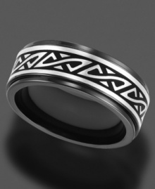 Add some spice to your look with this black and silvertone titanium ring. 8 mm bad. Sizes 8-15.