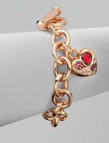 A warm rose goldtone style with colorful rhinestone accented heart-shaped charm on a link chain. Rose goldtone brassGlass stonesLength, about 7½Toggle closureImported A warm rose goldtone style with colorful rhinestone accented heart-shaped charm on a link chain. Rose goldtone brassGlass stonesLength, about 7½Toggle closureImported