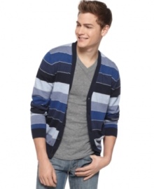 Classic collegiate. Layer your style with this striped cardigan from Sons of Intrigue. Classic collegiate. Layer your style with this striped cardigan from Sons of Intrigue.