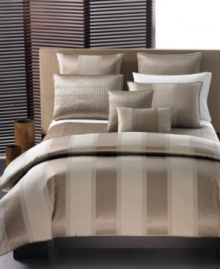 Bold stripes with a subtle metallic shimmer give the Wide Stripe Bronze king sham a decidedly sophisticated allure. This statement sham pairs perfectly with the other elements of the Wide Stripe Bronze bedding ensemble from Hotel Collection. Shell only; reverses to solid.