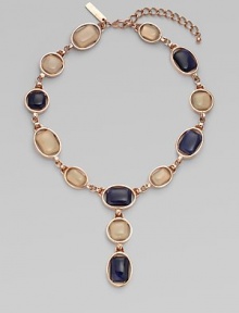 This elegant design features glossy resin cabochons set in 24k goldplated brass and pewter. 24k goldplated brass/pewterResinLength, about 21 to 25 adjustableDrop size, about 3Lobster clasp closureMade in USA