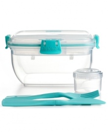Get your greens on the go! Perfect for the busy kitchen, the slammed student or the daytripper, this salad container includes everything you need to chow down. A separate container for dressing keeps lettuce fresh and crisp up to the moment you eat it, and the included reusable knife and fork mean you can enjoy a meal well made wherever you are. Get your greens on the go! Perfect for the busy kitchen, the slammed student or the daytripper, this salad container includes everything you need to chow down. A separate container for dressing keeps lettuce fresh and crisp up to the moment you eat it, and the included reusable knife and fork mean you can enjoy a meal well made wherever you are.