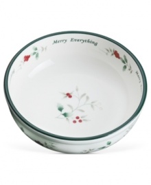 A festive companion to the holiday table, this sentimental Winterberry candy bowl from Pfaltzgraff is adorned with a classic holly pattern, green banding and the words, Merry Everything. A festive companion to the holiday table, this sentimental Winterberry candy bowl from Pfaltzgraff is adorned with a classic holly pattern, green banding and the words, Merry Everything.