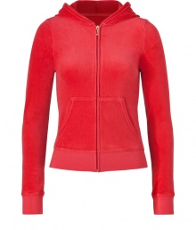 Kick-start your new season off-duty look with Juicy Coutures radiant red velour hoodie - Hooded, front zip closure, long sleeves, split kangaroo pocket - Slim fit - Pair with matching pants, favorite jeans, or mini-skirts Kick-start your new season off-duty look with Juicy Coutures radiant red velour hoodie - Hooded, front zip closure, long sleeves, split kangaroo pocket - Slim fit - Pair with matching pants, favorite jeans, or mini-skirts