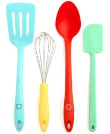 Make things easy on yourself with do-it-all tools! This comprehensive set includes the basics of any busy kitchen-whisk, turner, spoon and spatula-in fun colors that brighten up any space and stand out in drawers. Make things easy on yourself with do-it-all tools! This comprehensive set includes the basics of any busy kitchen-whisk, turner, spoon and spatula-in fun colors that brighten up any space and stand out in drawers.