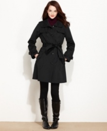 Faux patent-leather trim adds a fashionable edge to this timeless Jones New York trench coat!