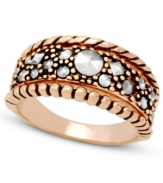 Add some glitter and glam to your look. Genevieve & Grace's pretty beaded and rope edge ring features sparkling marcasite in 18k rose gold over sterling silver. Size 7 and 8.