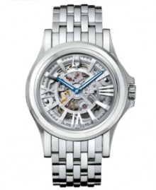 View precision in action. Kirkwood collection watch by Bulova Accutron crafted of seven-row stainless steel bracelet and round case with clear back with curved sapphire crystal. Skeleton dial features silver tone stick indices, royal blue hands and logo. Swiss mechanical Sellita movement. Water resistant to 100 meters. Five-year limited warranty. View precision in action. Kirkwood collection watch by Bulova Accutron crafted of seven-row stainless steel bracelet and round case with clear back with curved sapphire crystal. Skeleton dial features silver tone stick indices, royal blue hands and logo. Swiss mechanical Sellita movement. Water resistant to 100 meters. Five-year limited warranty.