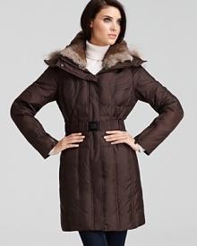 A plush fur collar helps keep out the cold with a glamorous feel in Andrew Marc's flattering belted coat. A plush fur collar helps keep out the cold with a glamorous feel in Andrew Marc's flattering belted coat.