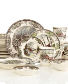 Give your home a taste of old-fashioned American charm. Red barns and backwoods settings are framed by a beautiful black lace-inspired trim throughout this fine Johnson Bros. dinnerware and dishes set. Give your home a taste of old-fashioned American charm. Red barns and backwoods settings are framed by a beautiful black lace-inspired trim throughout this fine Johnson Bros. dinnerware and dishes set.