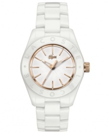 Smooth ceramic adds a crisp look, while rosy accents add warmth, to this Biarritz collection watch from Lacoste.