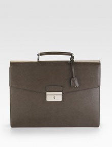 Saffiano leather double-gusset briefcase. Top handle Front push-lock closure with key lock Leather 14½W X 11H X 2½D Made in Italy Saffiano leather double-gusset briefcase. Top handle Front push-lock closure with key lock Leather 14½W X 11H X 2½D Made in Italy