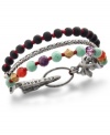 Mix it up. Lucky Brand adds a little bit of everything to this rustic bracelet featuring three rows of semi-precious reconstituted calcite turquoise, carnelian, amethyst, jujube wood, nylon and chain. Flowers at clasp crafted in silver tone mixed metal. Approximate length: 7-1/2 inches.