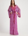 Inspired by the traditional Japanese kimono, this gorgeous floor-sweeping gown is crafted from airy silk chiffon in a boho-chic print.Gathered necklineLong kimono sleevesLong wrap self-beltConcealed center front zipperThree hook-and-eye closure at bodiceAbout 39 from natural waistSilkDry cleanImportedModel shown is 5'9 (175cm) wearing US size Small.