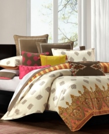 Add a pop of color to your Raja bed from Echo with this decorative pillow, featuring a vibrant green hue with pink embellishments. Trimmed with tassel detail. Add a pop of color to your Raja bed from Echo with this decorative pillow, featuring a vibrant green hue with pink embellishments. Trimmed with tassel detail.