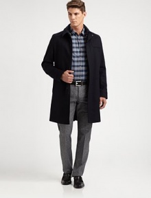 A luxurious blend of virgin wool and cashmere is shaped and tailored into a handsome, classic-fitting overcoat, perfect for pairing with your standard suiting.Button-frontWaist slash pocketsRear ventAbout 38 from shoulder to hem70% virgin wool/20% polyamide/10% cashmereDry cleanImported