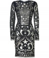 With a mystical metallic print and a flattering figure-hugging fit, this statement-making dress from Emilio Pucci is the ultimate party-ready frock - Round neck, long sleeves, fitted bodice with seaming details, open back with button closure at back neckline, pencil skirt, back slit, concealed back zip closure, allover print - Style with a fur-trimmed coat, peep-toe pumps, and a studded leather clutch