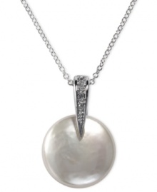 Understated elegance. EFFY Collection's shimmering pendant features a cultured freshwater pearl drop (13 mm) with sparkling diamond accents at the bail. Set in 14k white gold. Approximate length: 18 inches. Approximate drop: 1 inch. Understated elegance. EFFY Collection's shimmering pendant features a cultured freshwater pearl drop (13 mm) with sparkling diamond accents at the bail. Set in 14k white gold. Approximate length: 18 inches. Approximate drop: 1 inch.