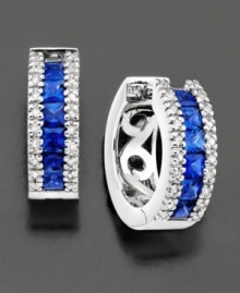 These versatile earrings by Effy Collection(tm) are a unique & stylish update to classic hoops. Featuring princess-cut sapphires (1-5/8 ct. t.w.) and round-cut diamonds (1/6 ct. t.w.) set in 14k while gold. Approximate diameter: 1/2 inches.