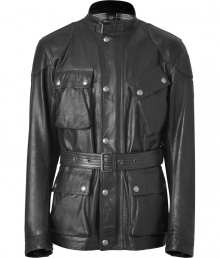 Recently relaunched with a fashion-forward aesthetic, Belstaffs modern iteration of the classic leather infuses luxe-meets-rugged style to this must-have staple - Stand collar with buckle detail, concealed front button placket with snaps, flap pockets, belted waist, stitching at shoulders, elbow pad detail - Pair with jeans and a tee and motorcycle boots or with slim trousers and trainers Recently relaunched with a fashion-forward aesthetic, Belstaffs modern iteration of the classic leather infuses luxe-meets-rugged style to this must-have staple - Stand collar with buckle detail, concealed front button placket with snaps, flap pockets, belted waist, stitching at shoulders, elbow pad detail - Pair with jeans and a tee and motorcycle boots or with slim trousers and trainers