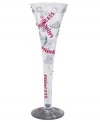 A flute fit for royalty, this Lolita champagne glass shimmers with rhinestones, crowns and decadent platinum essentials. Hot-pink writing screams princess from top to bottom. A bubbly cocktail recipe adorns its base.
