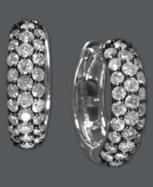 Petite hoops that pack a lot of sparkle. EFFY Collection's pretty style features round-cut pave-set diamonds (1 ct. t.w.) in a 14k white gold and black rhodium setting. Approximate diameter: 1/2 inch. Petite hoops that pack a lot of sparkle. EFFY Collection's pretty style features round-cut pave-set diamonds (1 ct. t.w.) in a 14k white gold and black rhodium setting. Approximate diameter: 1/2 inch.