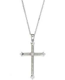 Slim and resplendent, this beautiful cross pendant features round-cut diamonds (1/4 ct. t.w.) set in 14k white gold. Approximate length: 16 inches. Approximate drop: 1 inch. Slim and resplendent, this beautiful cross pendant features round-cut diamonds (1/4 ct. t.w.) set in 14k white gold. Approximate length: 16 inches. Approximate drop: 1 inch.