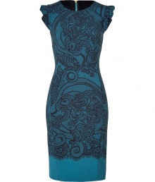 Lovely, elegant dress in fine wool blend - Features a blue-black lace print design - Feminine body-hugging silhouette with small cap sleeves with ruffles, round neck and comfortable length - Wear during the day with a blazer and flats, or to parties with heels and a clutch