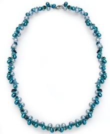 Cool blues. Fresh by Honora's brilliant necklace combines light blue iolite (47-1/3 ct. t.w.), dark blue apatite (56-1/5 ct. t.w.) and sky blue and teal cultured freshwater pearls (4-5-1/2 mm). Set in sterling silver. Approximate length: 18 inches. Cool blues. Fresh by Honora's brilliant necklace combines light blue iolite (47-1/3 ct. t.w.), dark blue apatite (56-1/5 ct. t.w.) and sky blue and teal cultured freshwater pearls (4-5-1/2 mm). Set in sterling silver. Approximate length: 18 inches.
