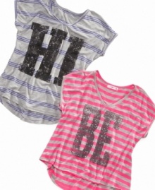 No words need to be spoken when she slips into this eye-popping striped tee from Sugar Tart. No words need to be spoken when she slips into this eye-popping striped tee from Sugar Tart.