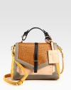 Finished with a signature logo tag, this supple leather essential has croc-print trim, roomy pockets and a colorblock-inspired design. Top handle, 3½ dropDetachable adjustable shoulder strap, 20½-23½ dropFlap closure with adjustable beltOne outside zip pocket under flapProtective metal feetOne inside zip pocketTwo inside open pocketsCanvas lining12W X 9H X 4DImported