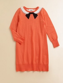 A sweet intarsia pattern of a collar and bow dresses up this super-soft Merino wool knit.Long sleeve pullover Rib knit cuffs and hem Merino wool; dry clean Imported A sweet intarsia pattern of a collar and bow dresses up this super-soft Merino wool knit.Long sleeve pullover Rib knit cuffs and hem Merino wool; dry clean Imported