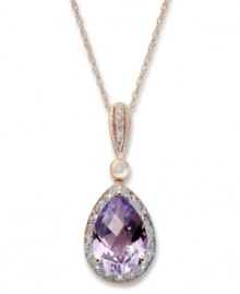 Add sweet femininity to your look. This stunning pendant features pear-cut amethyst (2-3/4 ct. t.w.) along with sparkling diamond accents. Set in 14k rose gold. Approximate length: 18 inches. Approximate drop: 6/10 inch. Add sweet femininity to your look. This stunning pendant features pear-cut amethyst (2-3/4 ct. t.w.) along with sparkling diamond accents. Set in 14k rose gold. Approximate length: 18 inches. Approximate drop: 6/10 inch.