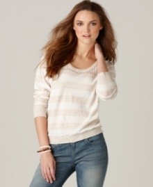 This DKNY Jeans crewneck sweater gets a girly makeover, thanks to dainty pointelle knit at the shoulders. Try it with denim in a lighter wash for a classic springtime look. This DKNY Jeans crewneck sweater gets a girly makeover, thanks to dainty pointelle knit at the shoulders. Try it with denim in a lighter wash for a classic springtime look.